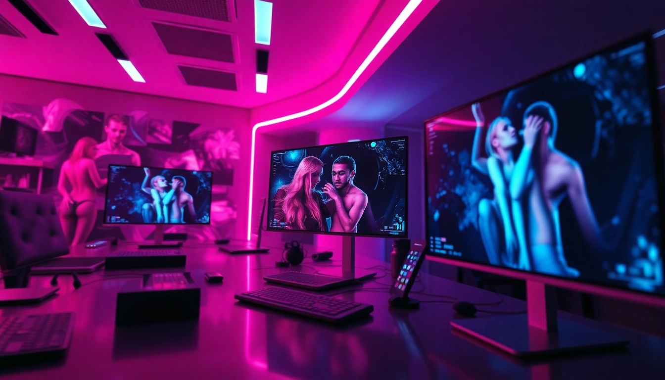 Explore a high-tech workspace showcasing innovative nsfw ai platforms with captivating AI-generated art.