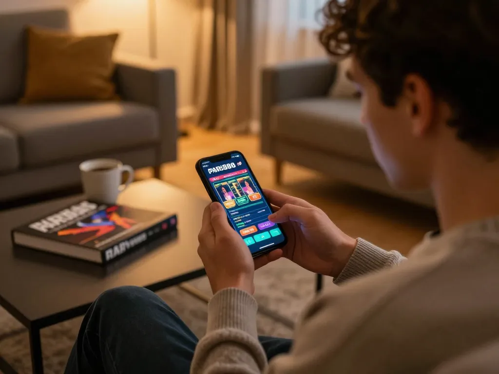Engaging with the paris888 online betting app for live casino games in a cozy home setting.
