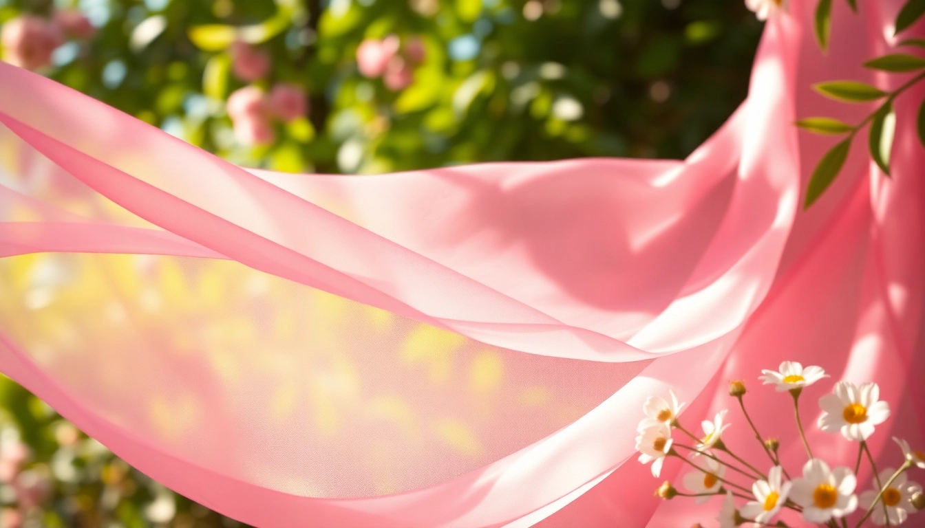 Chiffon stof die zachtjes beweegt in een serene tuinomgeving, met delicate textuur en levendige kleuren.