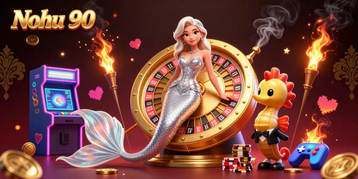 Nohu 90 showcases a thrilling casino experience with a glamorous character near a roulette wheel, full of vibrant game elements.