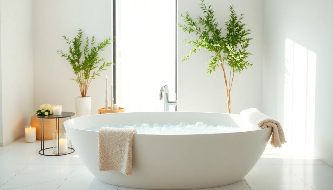 Vasca da bagno elegante all'interno di un bagno moderno con dettagli rilassanti.