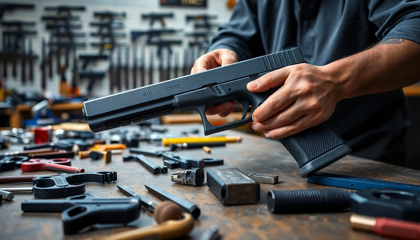 Buy Glock 19 MOS slide during the maintenance process, highlighting precision and craftsmanship of a gunsmith.