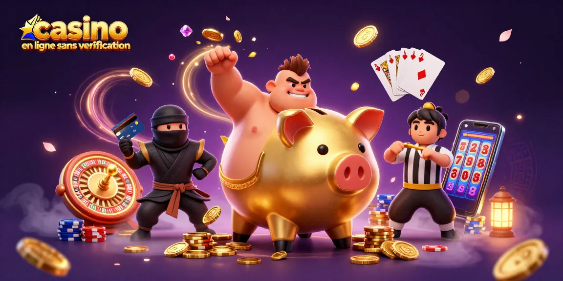 Jeux palpitants dans un casino en ligne sans vérification avec un sumo et un ninja parmi des pièces d'or.