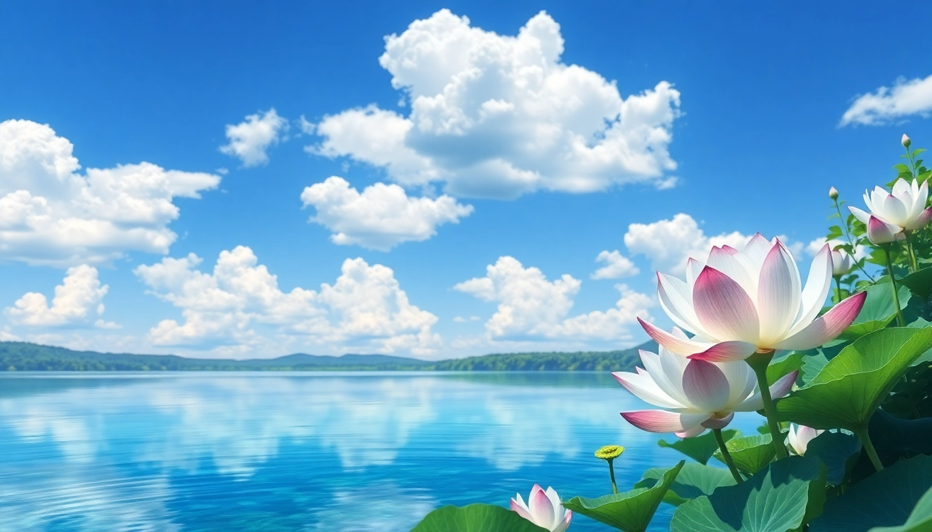 Sora depicted with serene lotus flowers reflecting in a tranquil lake under a bright sky.
