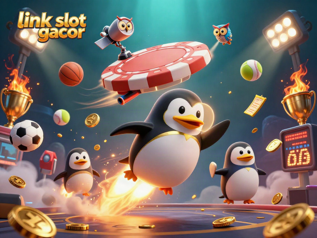 Experience link slot gacor excitement with a penguin and casino elements in a vibrant 3D scene.