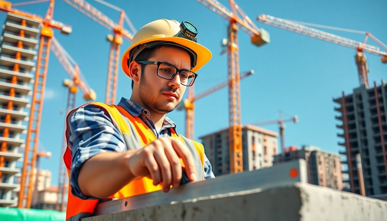 Engaged construction apprenticeship with tools at a vibrant building site.
