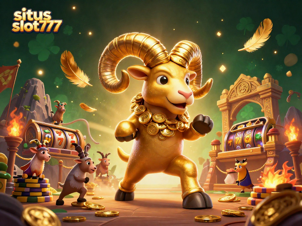Spark exciting wins with situs slot777 featuring a golden ram charging at a jackpot gate amidst slot reels.
