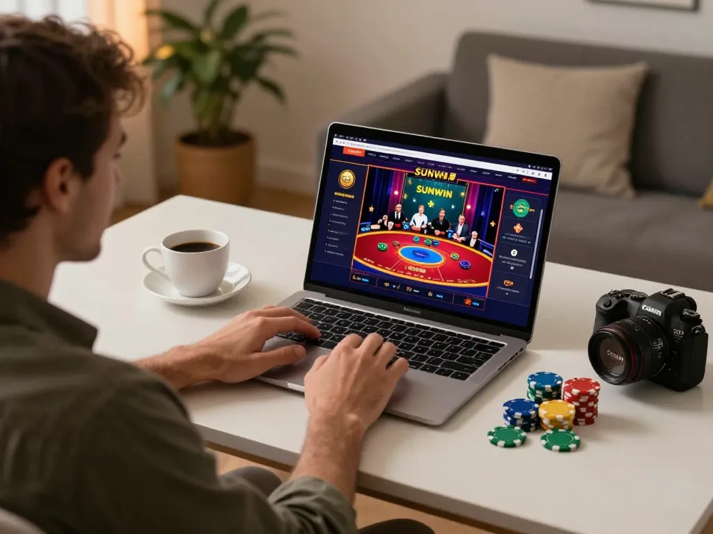SUNWIN online gaming session showing player engaged at a laptop with live dealer game.