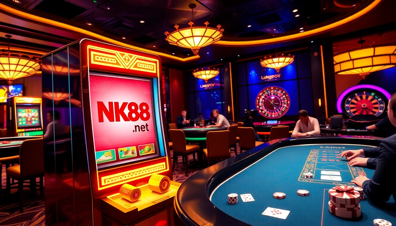 NK88 net displays a vibrant casino scene with players at poker tables and a modern slot machine.