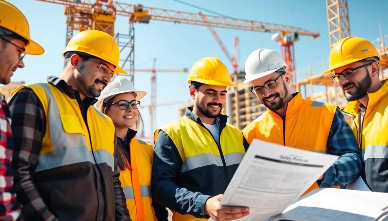 Construction safety programs being reviewed by professionals at a busy job site.