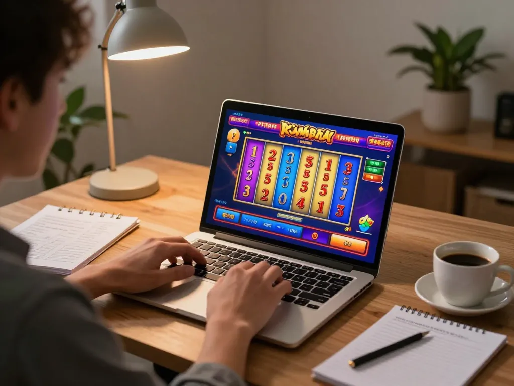 Engaging gameplay on situs slot kamboja displayed on laptop in a cozy home setting.