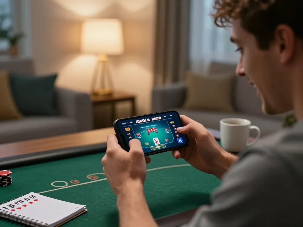 uu88 player enjoying online poker game on smartphone in a cozy living room
