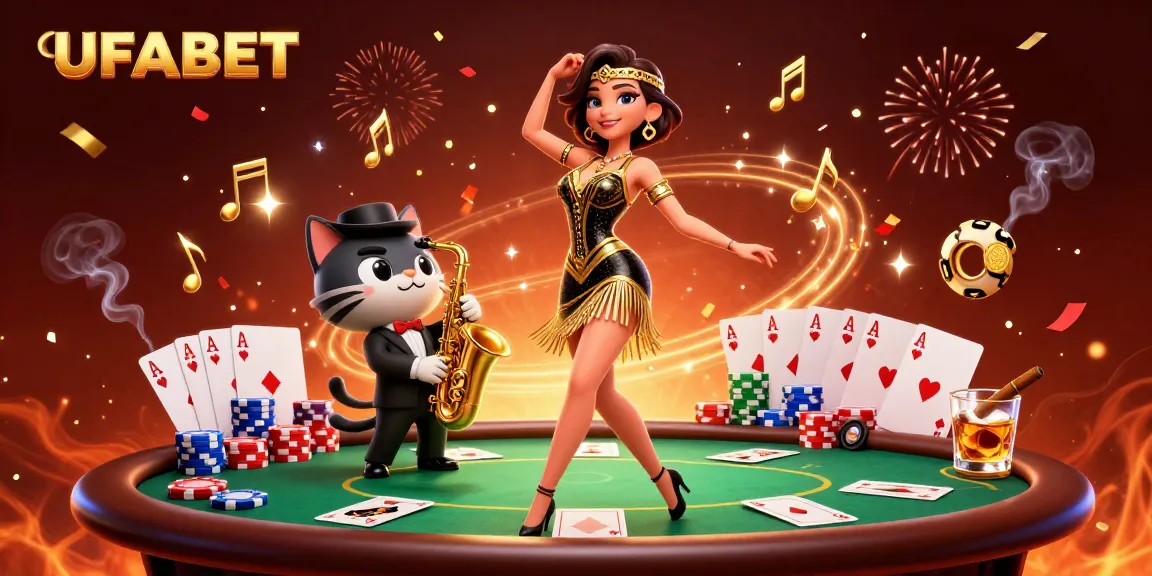 Engage with UFABET's thrilling gaming experience, featuring a vibrant casino scene with a glamorous dancer and festive elements.