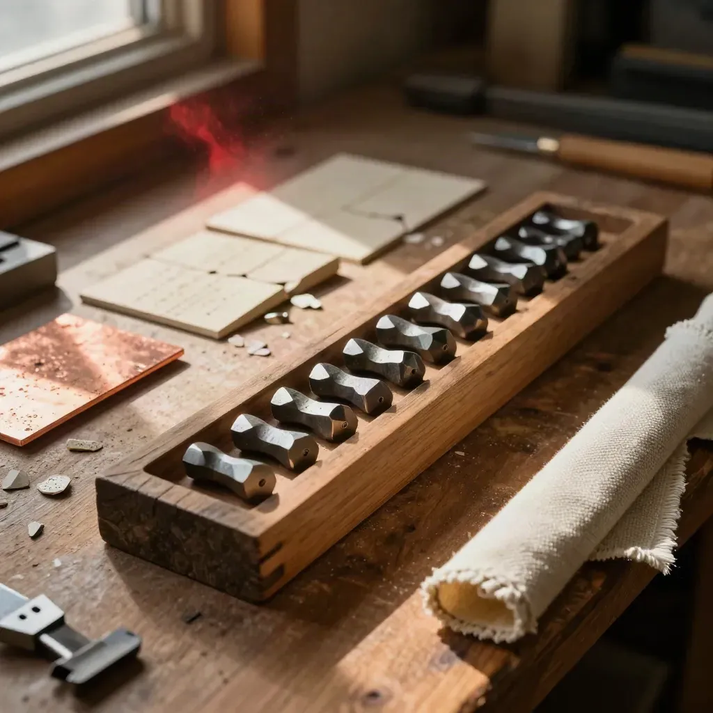 Drill core trays and rock fragments on a wooden workbench in warm dusty light.