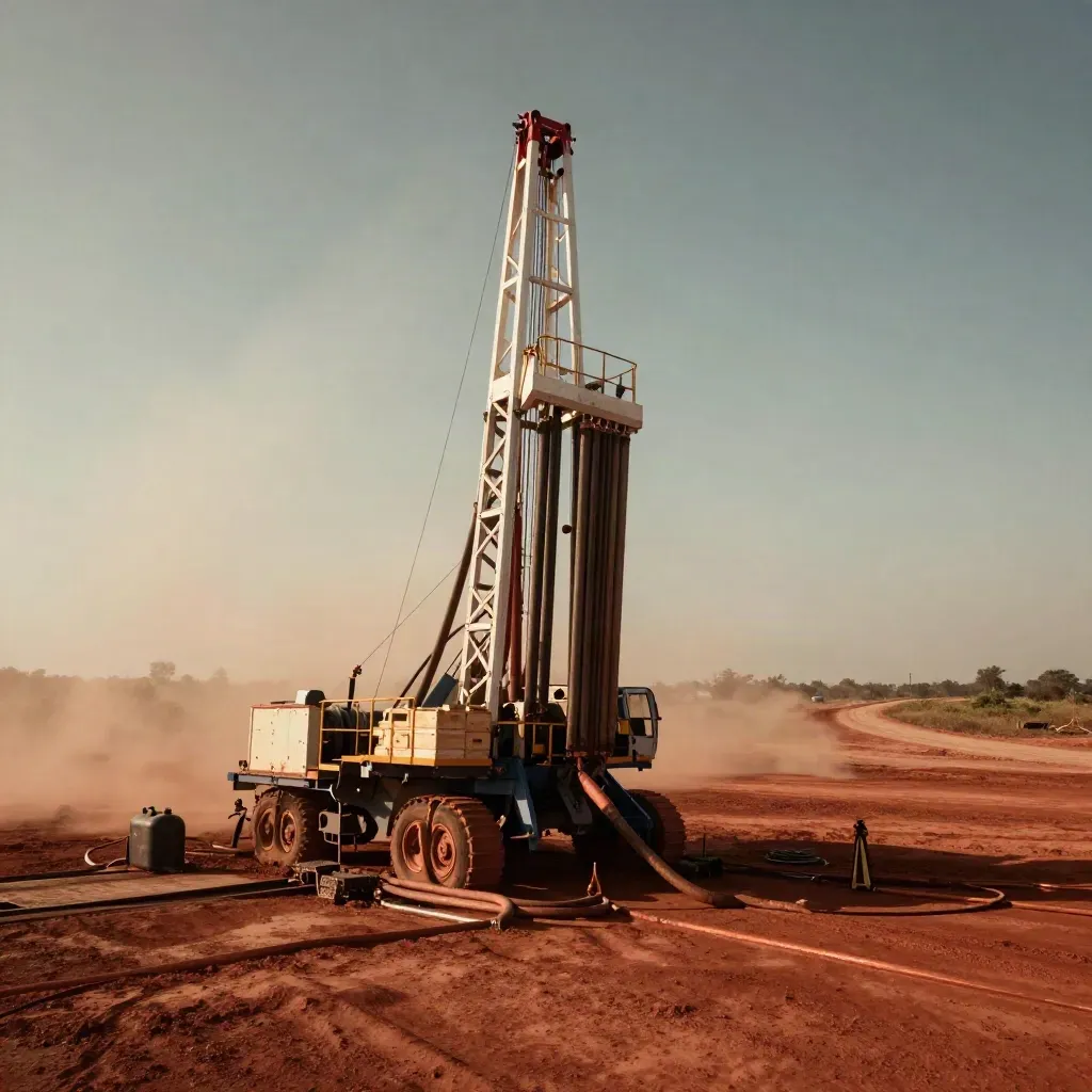 Dusty exploration drill rig, core boxes, fuel bladder and haul road in golden-hour haze