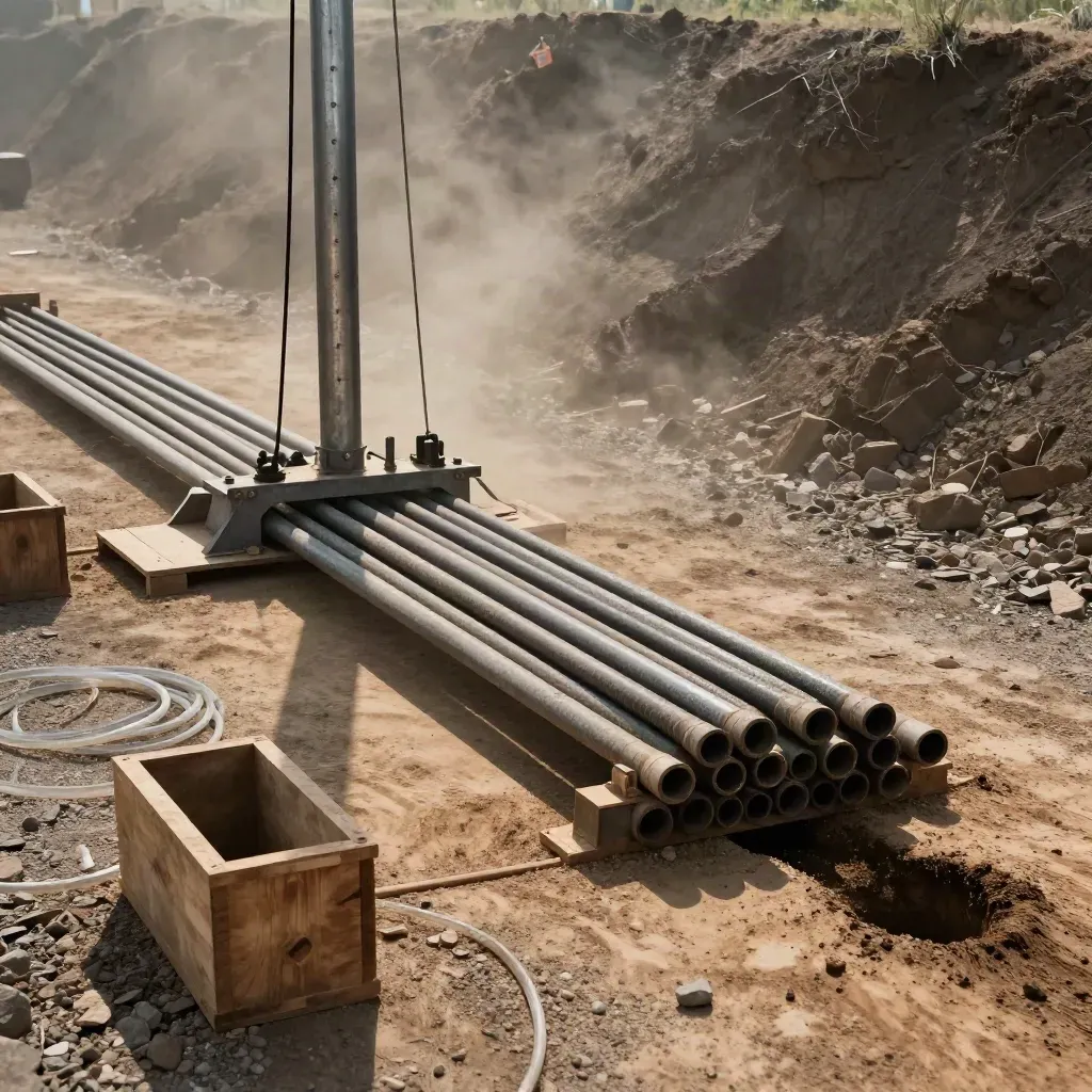 Low-angle drill pad with mast, rods, water tote and core boxes in heat haze.
