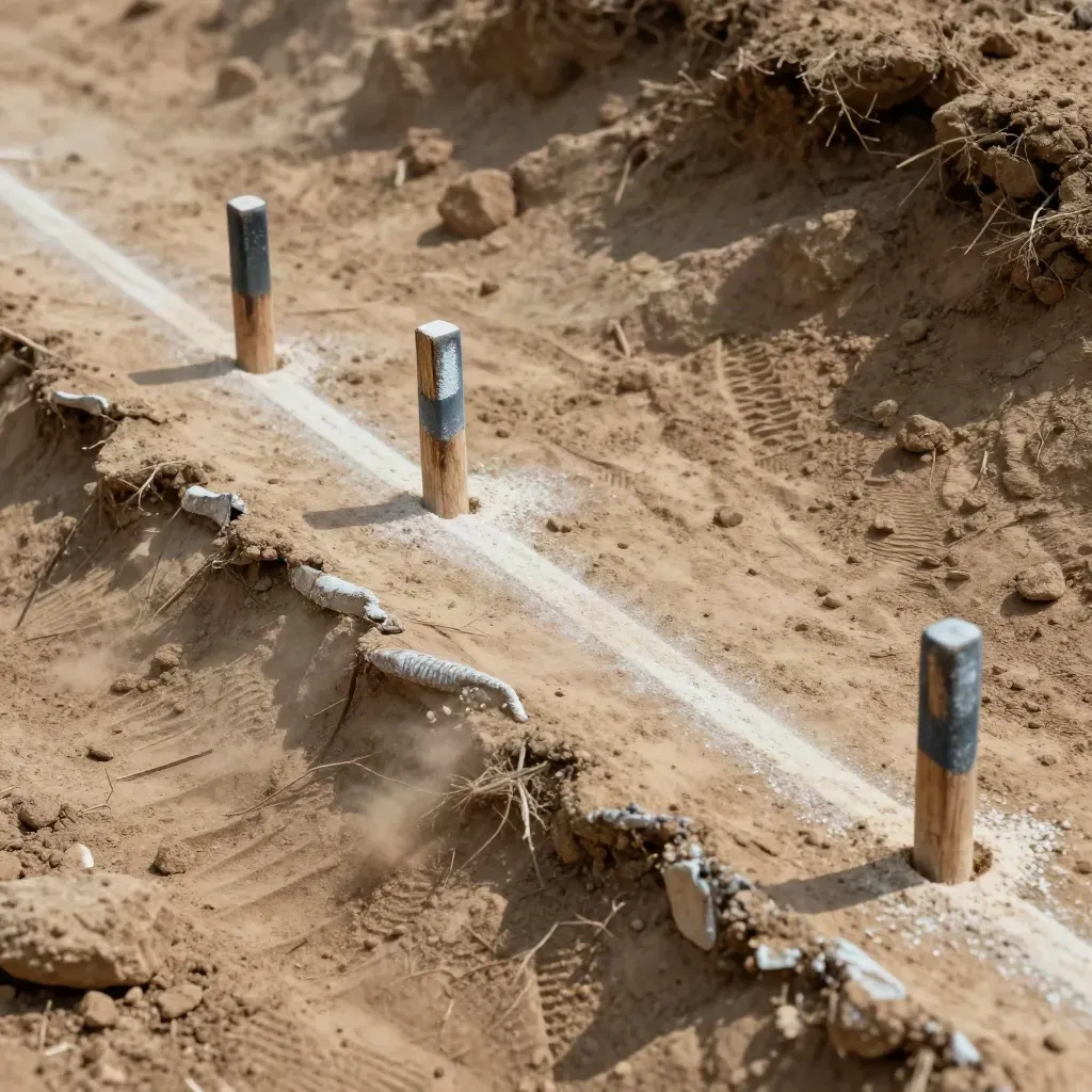 Survey pegs and bright spray marks on compacted clay at a mine site