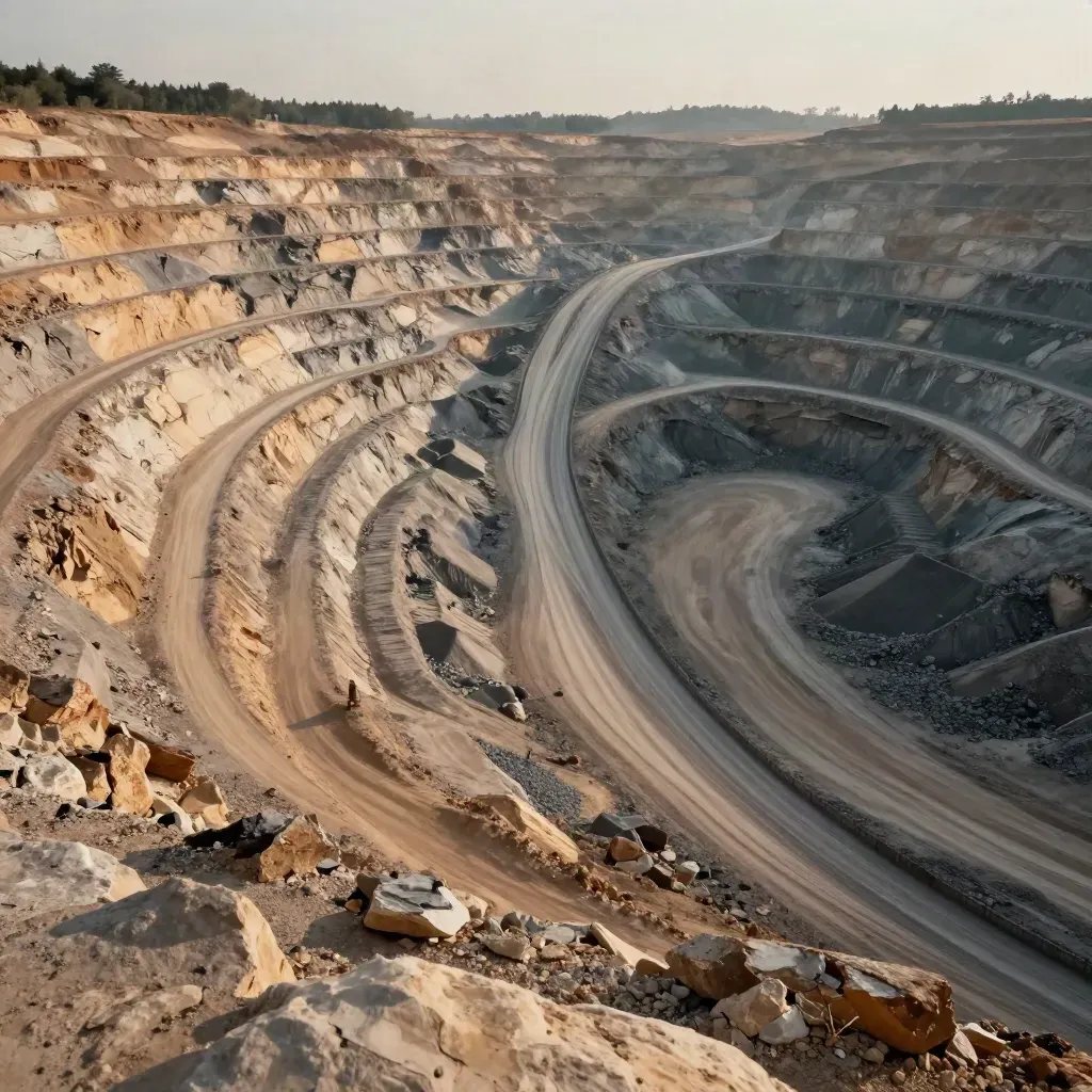 Terraced open pit with stockpiles and a sweeping haul ramp in warm late-afternoon haze.