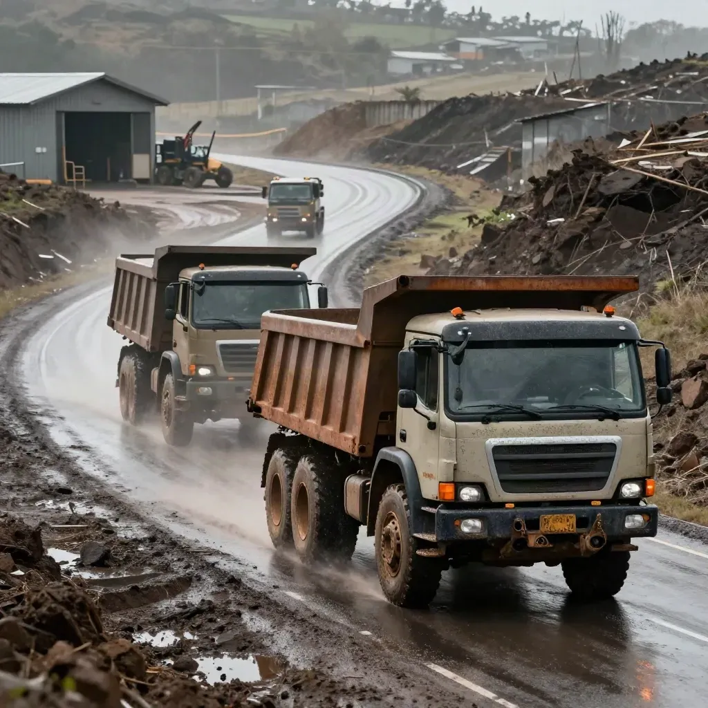 Two haul trucks round a wet laterite bend with spray, a loading bay and crusher mound beyond.