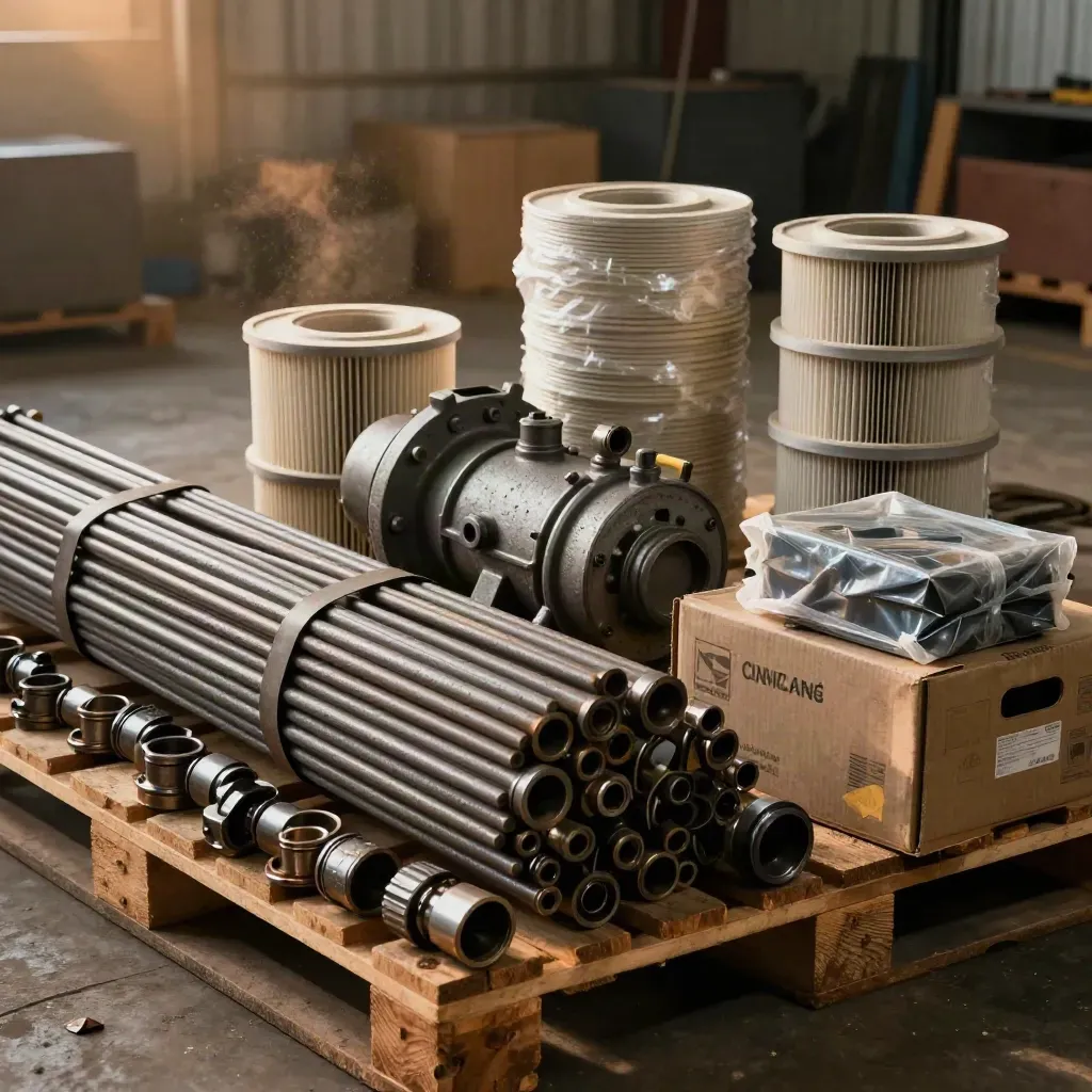 Drill rods and mine parts stacked for dispatch in a dusty warehouse bay.