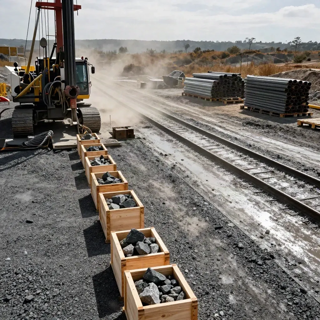 Completed drill pad with rig, core boxes, graded track and dusty post-storm light