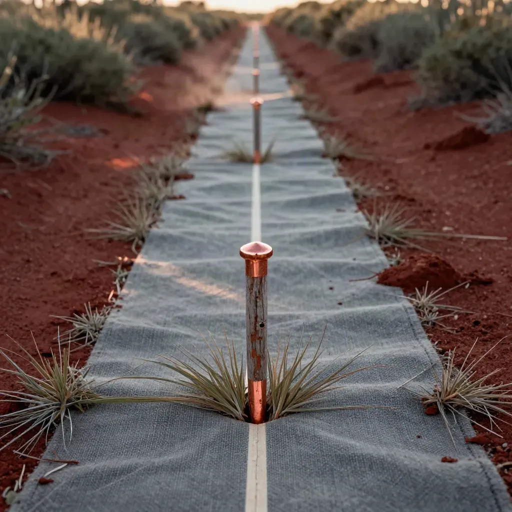 Fresh survey pegs and a re-cut corridor through scrub, lit by warm late-afternoon sun.