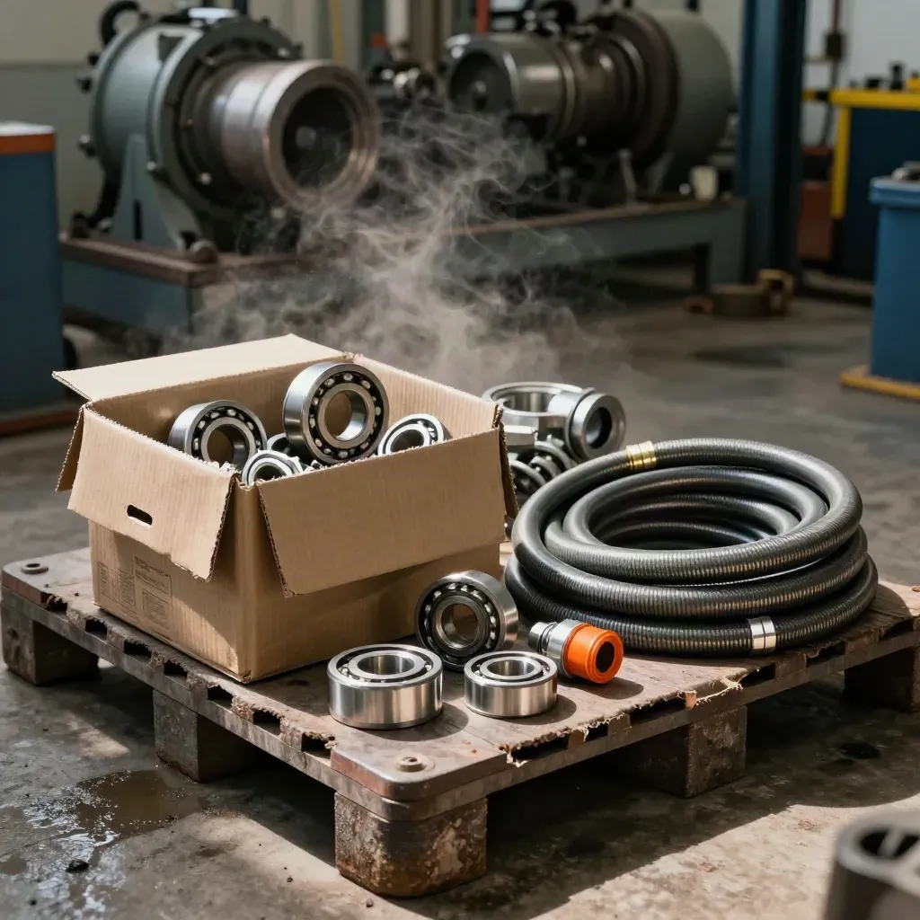 Boxed pump parts and hoses staged beside a running industrial plant bay with haze and oil sheen.