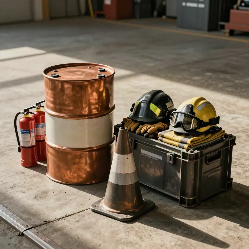 Spill drum, extinguishers, cones and stacked PPE ready for mine site mobilise