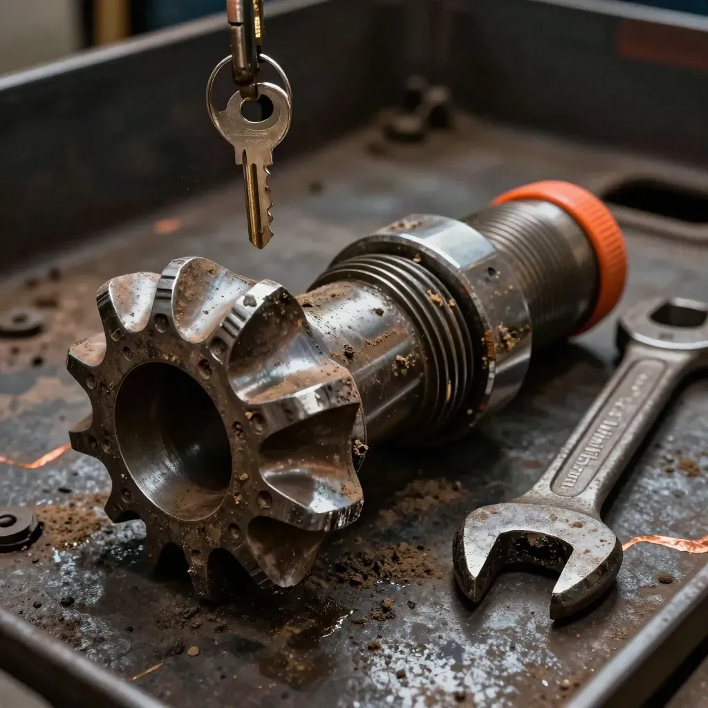 Mud-splashed drill bit crown, coupling and wrench on dark steel, lit dramatically
