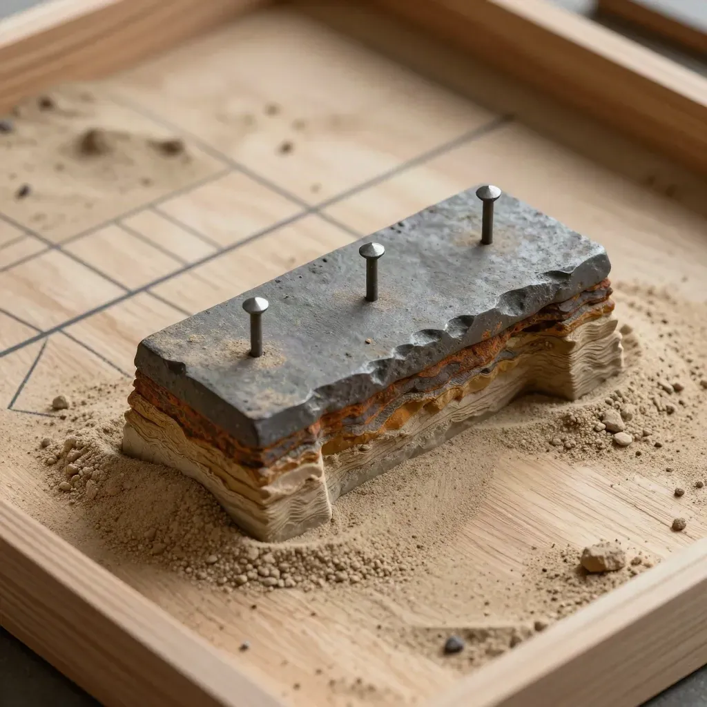 Ore chips and steel pins over a sand pit model, top-down macro.