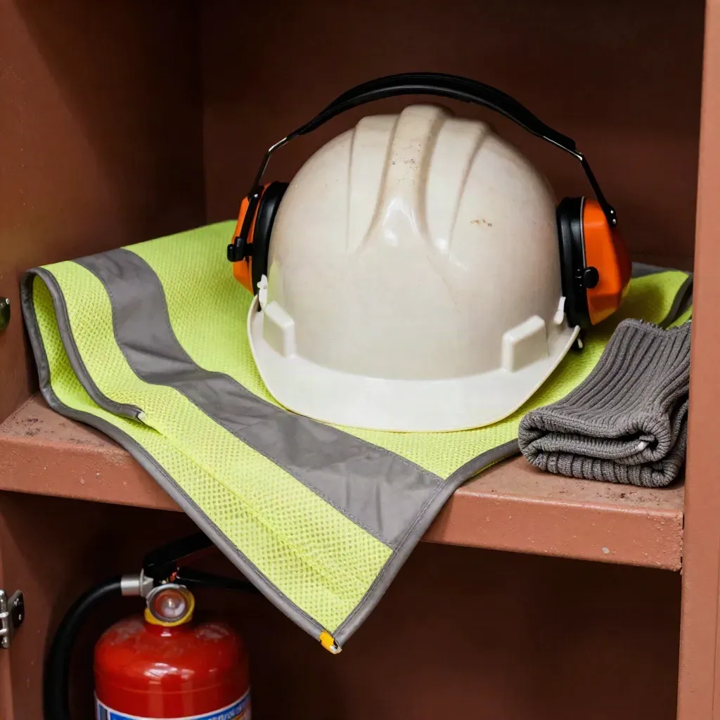 Overhead close-up of site safety gear: hi-vis vest, hard hat, ear defenders, absorbent sock and nozzle