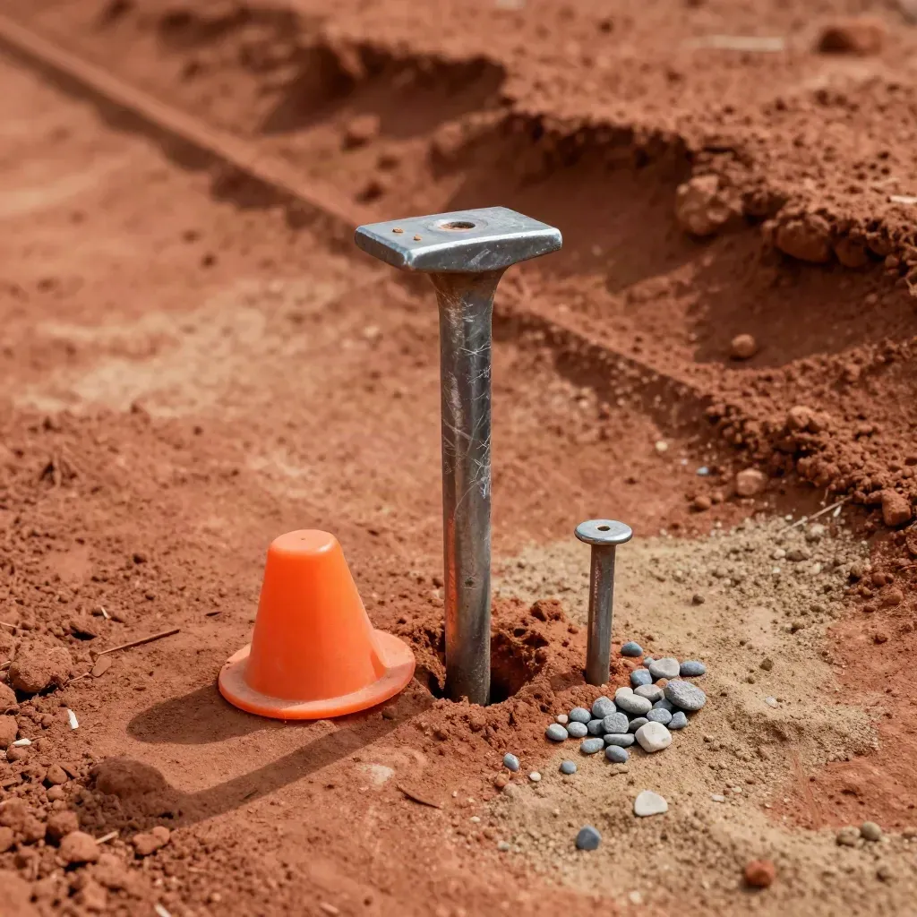 Steel survey peg in red clay with orange cap and gravel, top-down mining site review flatlay