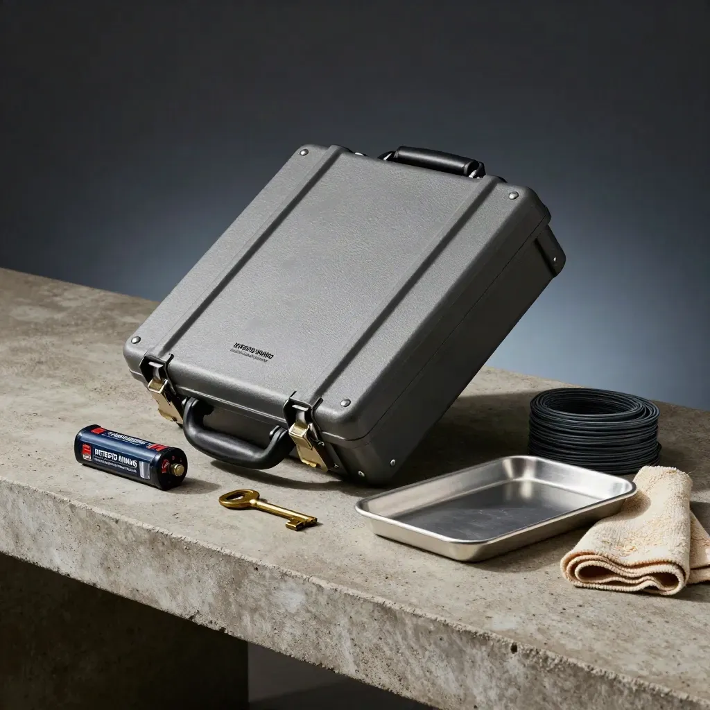 Mining support kit on concrete tray with case, battery, brass key and cable ties.