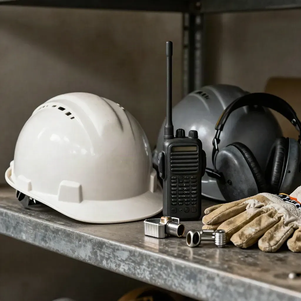 Hard hats, radio, ear defenders, gloves and couplers on a steel shelf in soft workshop light.