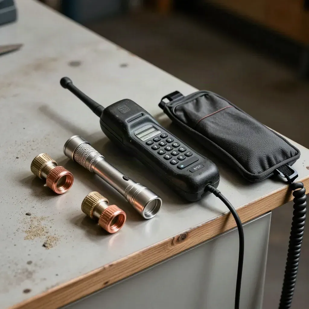 Radio handset, torch, hose fittings and spill kit pouch on a pale ash bench