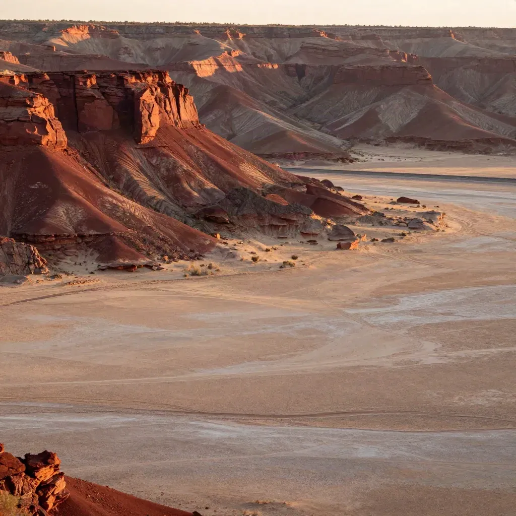 Pilbara mesas at dawn with a dry creek plain, golden haze, and a distant rail line.
