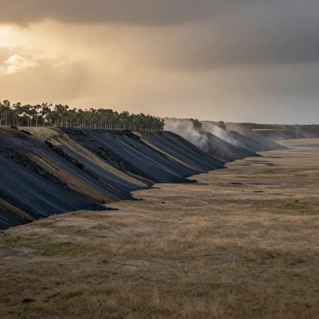 Storm-lit Bowen Basin ridge with coal bench, eucalyptus line and hazy valley at golden hour.