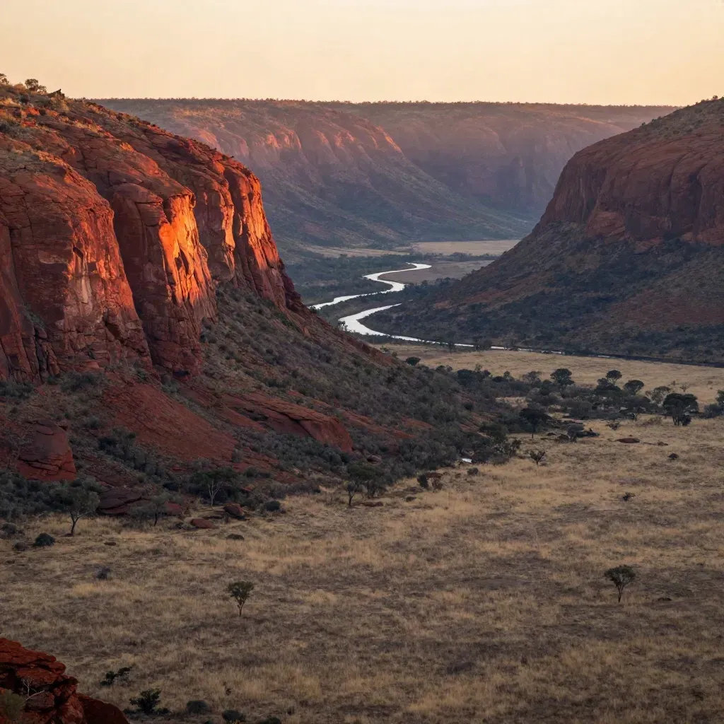 Sunrise over Northern Territory escarpment, red cliffs, spinifex plain and hazy watercourse.
