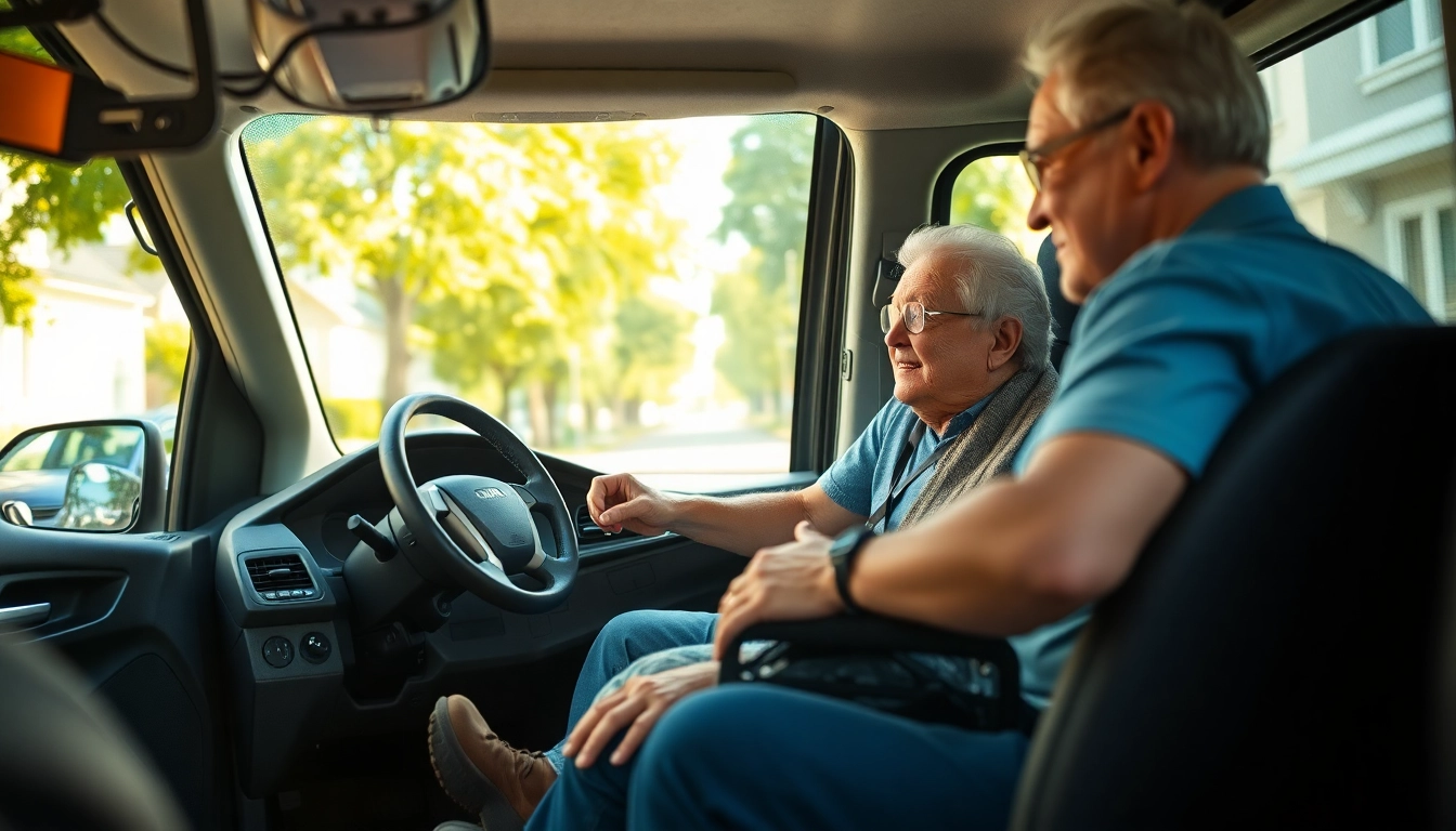 Elderly transportation services featuring a caring driver assisting a senior in a transport vehicle.