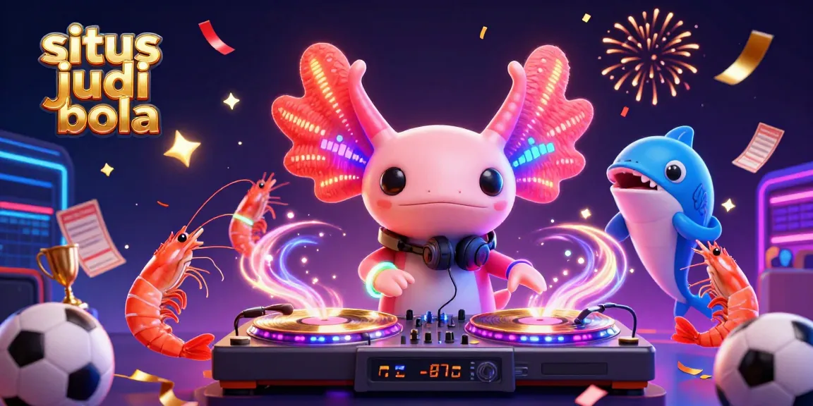 Engage with situs judi bola featuring a vibrant 3D axolotl DJ amidst dynamic sports betting elements.