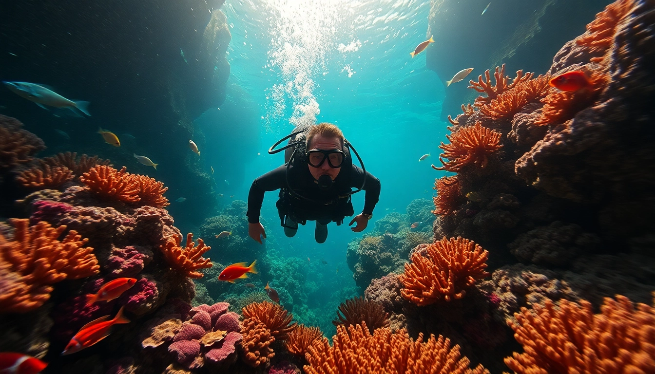 Tauchen in einer lebendigen Korallenriffe mit bunten Fischen und natürlichem Licht.