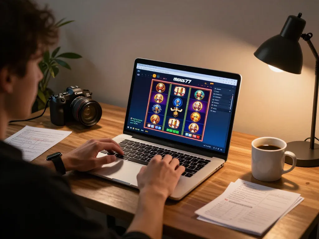 Playing the alexis77 slot game on a laptop in a cozy home setting, showcasing vibrant graphics and engaging gameplay.