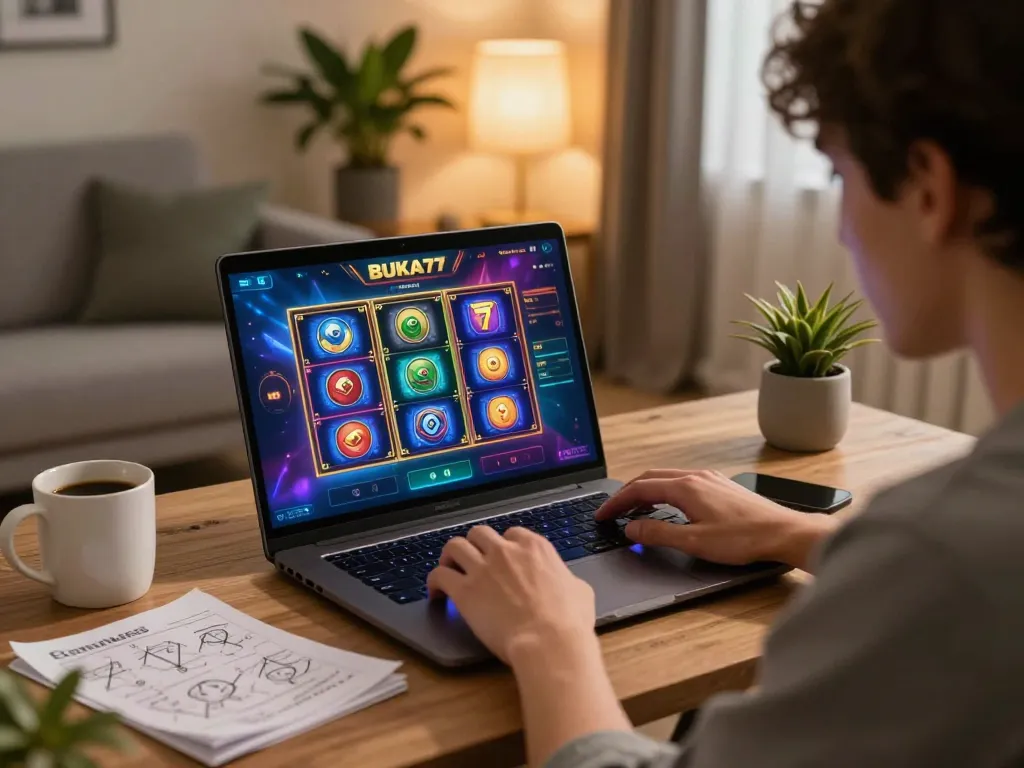 Engaging player enjoying BUKA77 slot game on a laptop in a cozy home gaming setup, warm and inviting atmosphere.