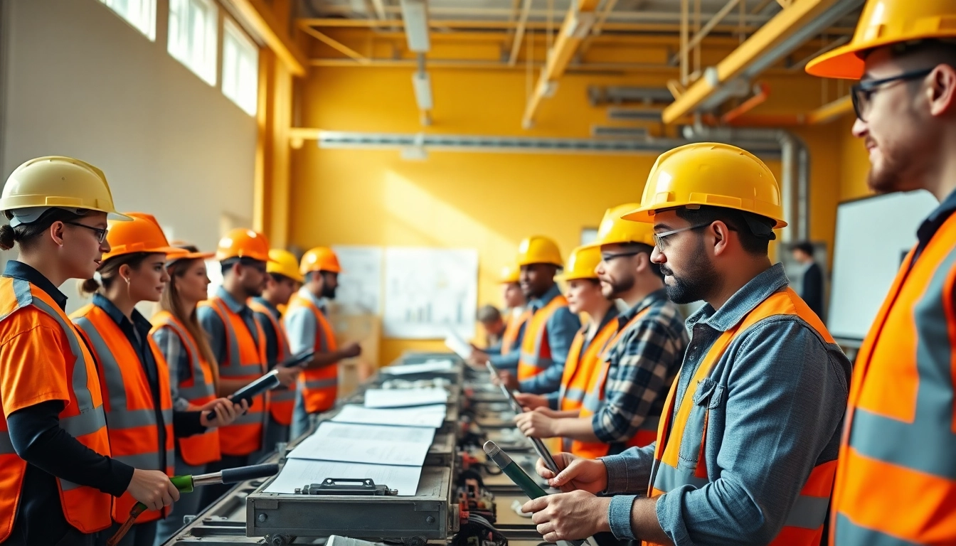 Engaged participants in construction training programs using tools and learning in a bright workshop.