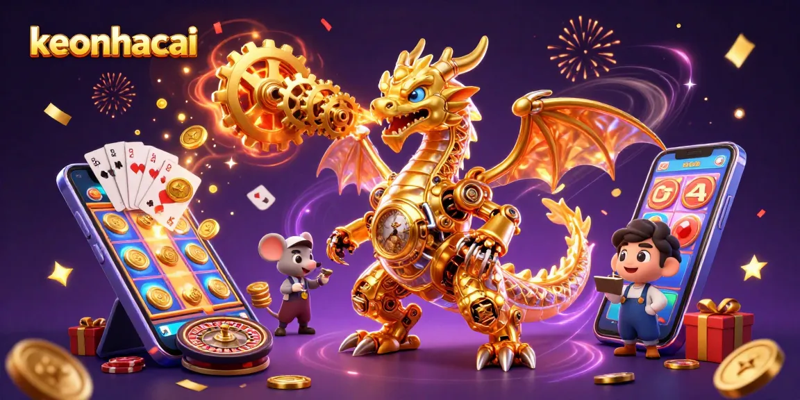 Experience thrilling keonhacai action with a golden dragon and colorful slot game elements in dazzling 3D.