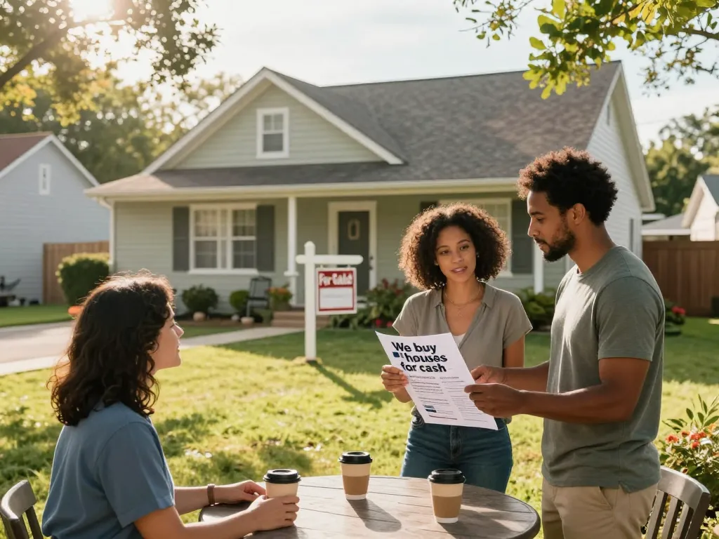 We buy houses for cash flyer being discussed by a couple in front of their home, showcasing a friendly neighborhood vibe.