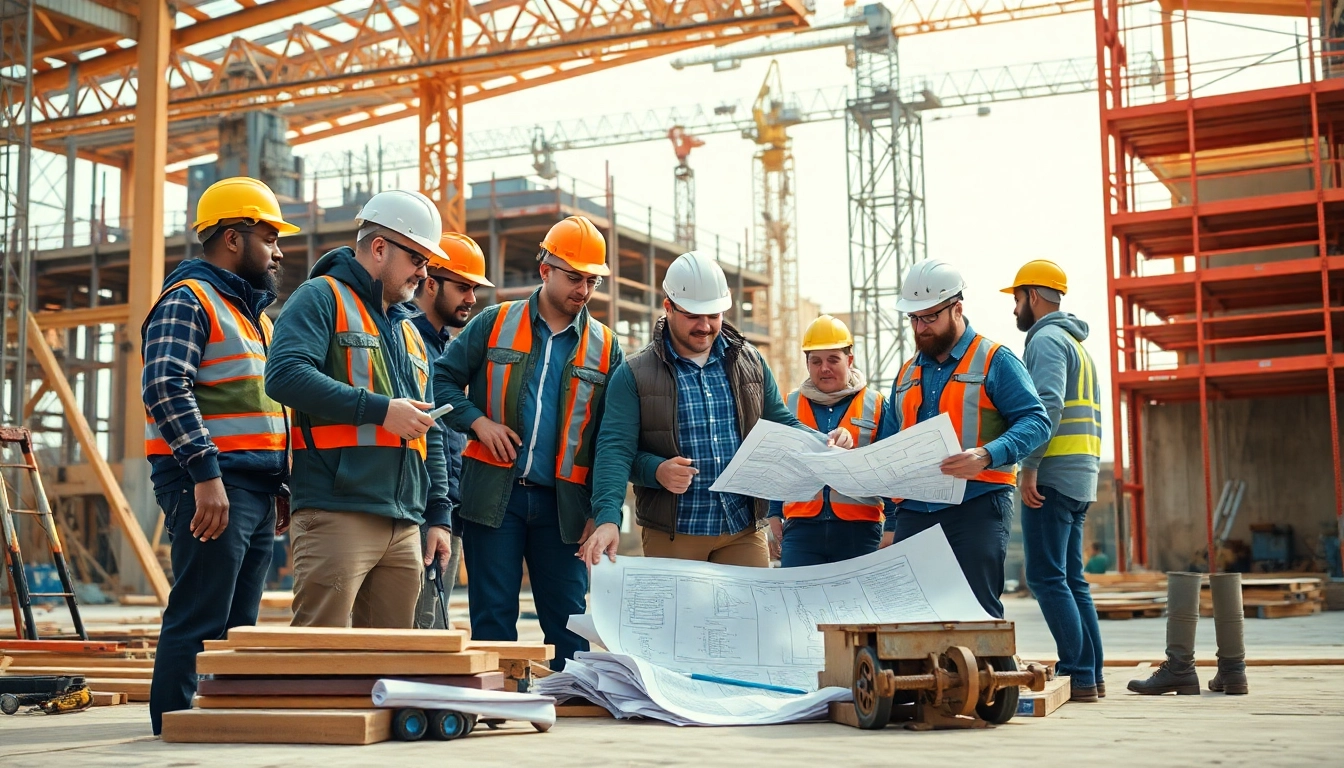 Construction member organization team collaborating on a building project in a dynamic work environment.
