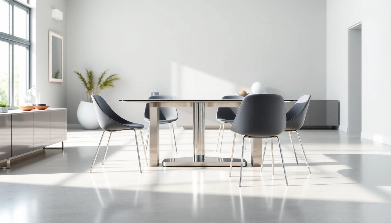 Showcase elegant stainless steel furniture featuring a sleek dining table and modern chairs.
