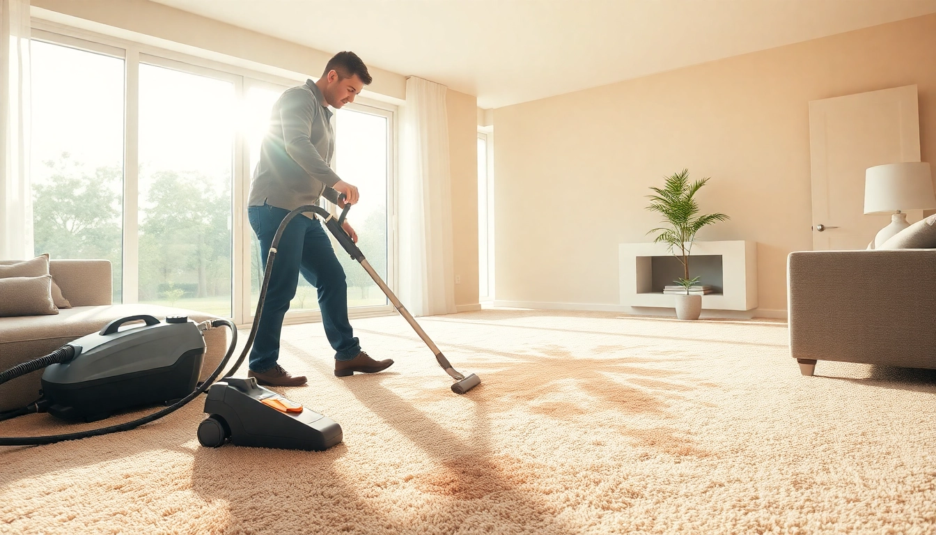 Performing carpet cleaning near me in a bright, modern living room with sunlight.