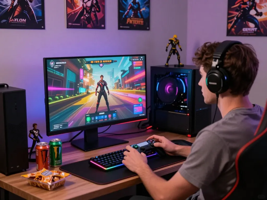Engaged player enjoying AI porn games setup with dynamic graphics and gaming gear